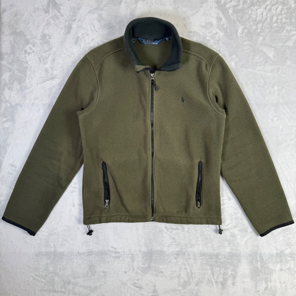 Polo Ralph Lauren Fleece Jacket Mens Medium Olive Green Full Zip Mock Neck Pony